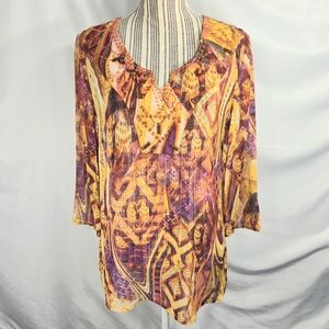 Chico's Orange & Multi 100% Silk Multi Print Sequins & Bead Accents Top Size 1=M